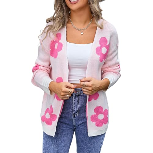 Women Knit Flower Cardigan Long Sleeve Open Front Cute