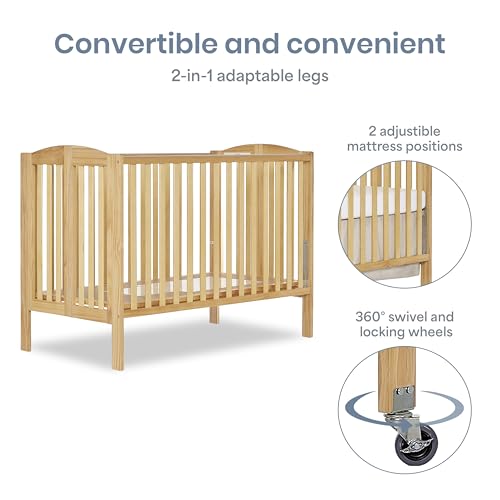 Image of Dream On Me Folding Full Size Convenience Crib In Natural, Two Adjustable Mattress Height Positions, Comes With Heavy Duty Locking Wheels, Flat Folding