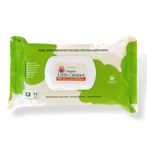 Naturalena Brands UK Limited Happy Little Camper Toallitas de algodón natural con aloe vera y vitamina E, sin cloro, sin perfume, suave, hipoalergénico y dermatológicamente probado, cuenta 72 unidades Cover