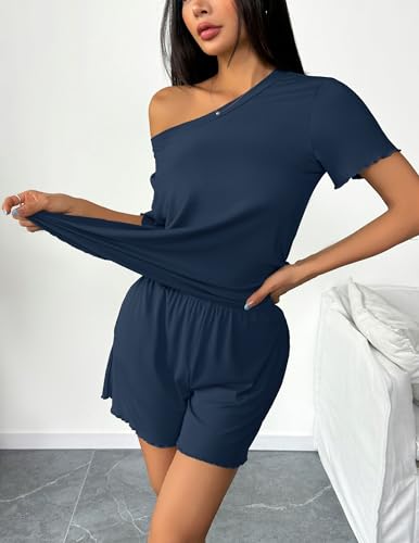 Ekouaer 2 Packs Womens Pajama Set Short Sleeve Sleepwear Soft Top and Shorts Pjs Casual Outfits Lounge Set with Pockets2