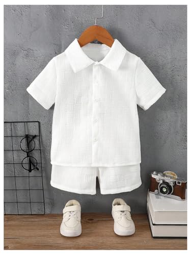 Image of RoseSeek Boy's 2 Piece Outfits Short Sleeve Collar Button Down Shirts and Shorts Set Vacation Outfits