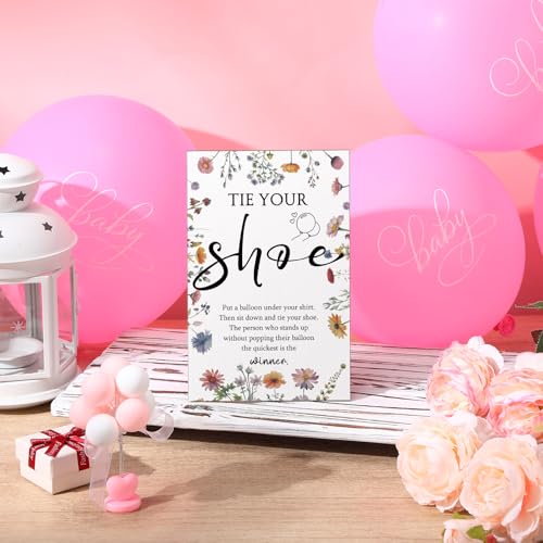 Image of Roowest 51 Pcs Tie Your Shoe Baby Shower Game Sign Wooden Sign Greenery Gift Sets Gender Reveal Party Favors 50 Balloons Latex Balloons for Game Wedding Supplies(Pink,Wildflowers)