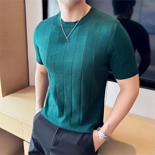 Men's Short-Sleeved O-Neck Sweater Stretchable Striped Top Men's Short Sleeve Crew Neck Sweater2
