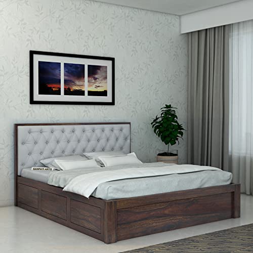 Image of Ganpati Arts Sheesham Wood Decan King Size Bed with Box Storage for Bedroom Wooden Double Bed Palang for Home (Walnut Finish)