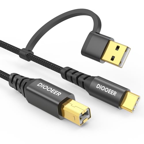 DIOOEER Printer Cable 2-in-1 USB B to USB C/A 10 ft, High Speed Printer Cord Nylon Braided MIDI Cable Compatible with HP/Dell/Brother/Epson/Piano, Computer, MacBook Pro/Air, iPad, and More