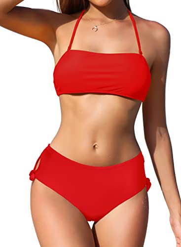 SHEKINI Costume da Bagno Donna Due Pezzi Imbottito Halter Regolabile Bandeau Bikini Top Costumi Due Pezzi Donna Vita Alta Controllo Addominale Bikini Fondo(S, Rosso)