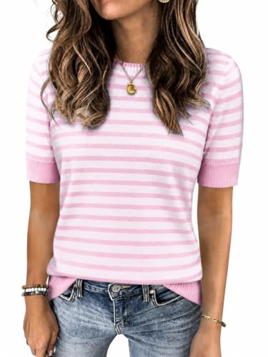 Image of Womens Tops Summer Short Sleeve Shirts Striped Sweater Cute Casual Top Trendy Women Clothing Crewneck Knit Blouses
