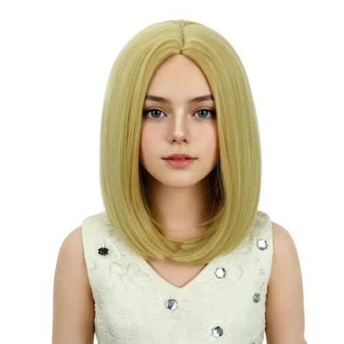 Image of Kids Blonde Wig Girls Light Blonde Bob Wig Child Short Bob Wig Middle Part Wig for Kids Synthetic Wigs with Wig Cap