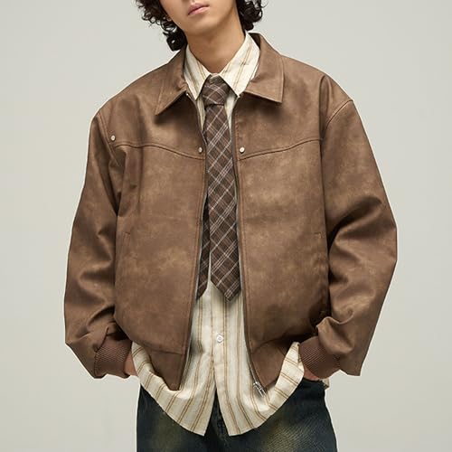 Men's Loose Leather Jacket Zip-Up Motorcycle Bomber Jackets Classic Causal PU Leather Coats4