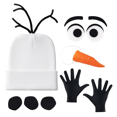 8PCS Snowman Costume Adult White Beanie Hat Carrot Nose Black Gloves Eyes Eyebrows Buttons Winter Christmas Halloween Accessories for olaf