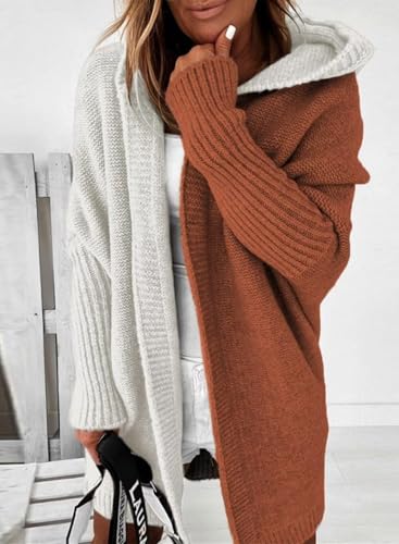 Image of Astylish Women 2026 Fall Clothes Outfits Hooded Knit Cardigan Sweaters | Open Front, Long Sleeve, Color Block, Fashion Clothing, Outwear Coats