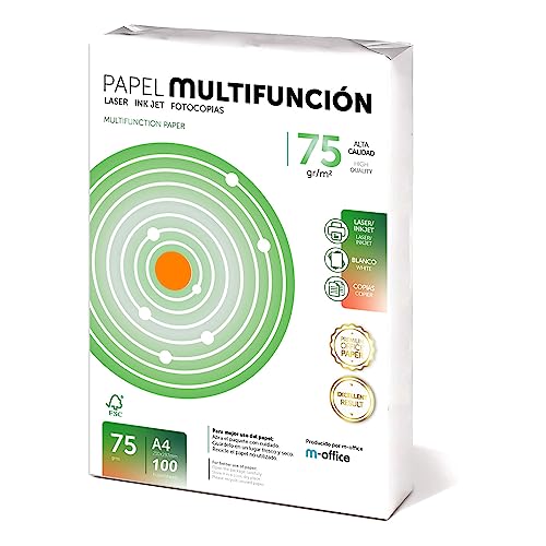 m-office Folios A4 75gr 100 hojas, Papel Multiusos para Impresora, Folios para Impresoras Laser y de Inyección, Fotocopiadora, Fax, Para uso Oficina, Material Escolar, Paquete Papel (100 hojas, 75gr)