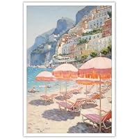 Vintage Pink Beach Umbrella Posters Summer Beach Canvas Wall Art Amalfi Coast Italy Landscape Minimalist Preppy Prints Painting For Home Bedroom Dorm Wall Decor 16x24in Unframed