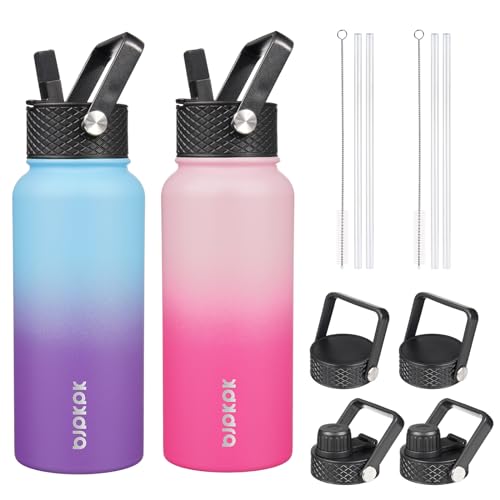 Image of BJPKPK 2 Pack 32oz Insulated Water Bottles with Straw Lids, Stainless Steel