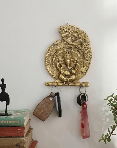 Image of KridayKraft Metal Ganesha ji Key Holder with Meena Work Decorative for Wall | Ganesh Statue /Religious | Idol /Wall Hanging (Ganesh Pankhi)