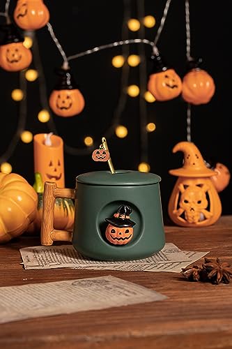 Image of DIHOclub Adorable 3D Ceramic Pumpkin Head Mug with Lid and Spoon - Perfect for Coffee, Tea, Milk, and More - Ideal Gift for Halloween - 14 Ounces (HalloweenG)