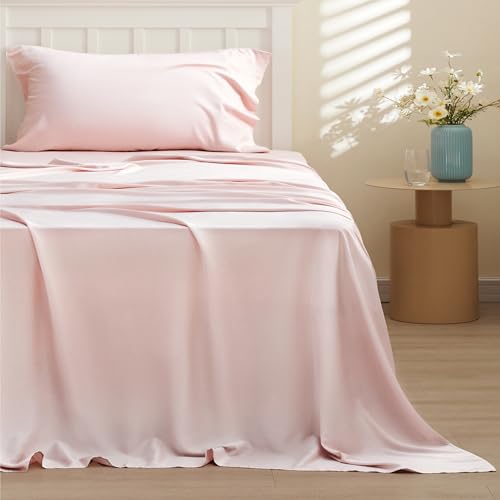 Image of Bedsure Cooling Sheets Twin, Rayon Derived from Bamboo, PureWoven, Breathable & Soft Twin Sheets Set, Deep Pocket Up to 16 Inches, Hotel Luxury Silky Bedding for Hot Sleepers, Pink