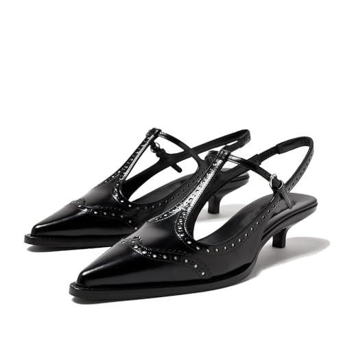 Women's Slingback Kitten Heel Pumps Embroidered Pointed Toe T-strap Sandals Low Heel Embroidered Oxford Dress Shoes For Wedding Party - Main Image