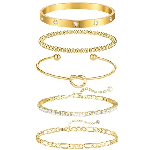 louuuou 5 Pcs Gold Bracelet for Women Set Bracelet Gold Jewellery for Women Golden Bracelets Stack Bangles Chain Set Bracelets Stacking Jewellery for Woman Girls