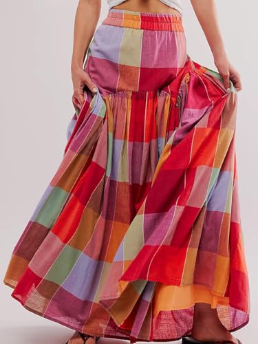 Multicolour Plaid Skirts for Women Colorblock Ruched Flowy Maxi Skirt Casual Elastic Waist Long Gingham Boho Skirt2