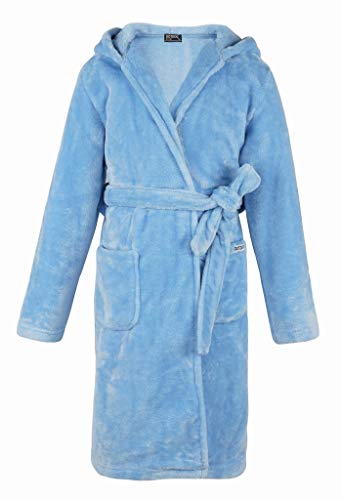 DOTDOG Kids Soft Flannel Hooded Robe Classic Casual Pajamas Plush Coral Fleece Bathrobe for Boys or Girls 3-12 Years (Sky Blue, m)