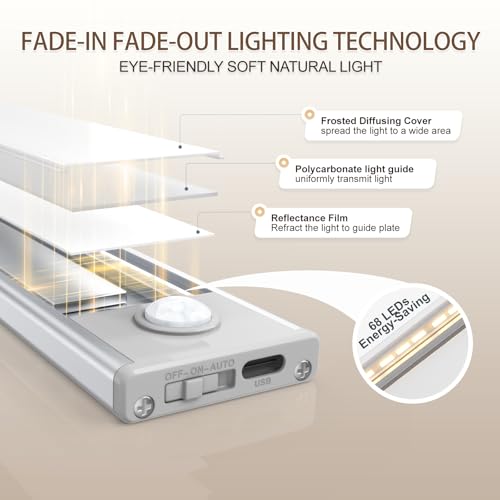 Image of 16 inch Under Cabinet Lighting, 6 Pack Motion Sensor Light Indoor Rechargeable Magnetic Closet Lights Battery Operated, Under Counter Lights for Kitchen, Wardrobe, Hallway, Stairs Warm White Light