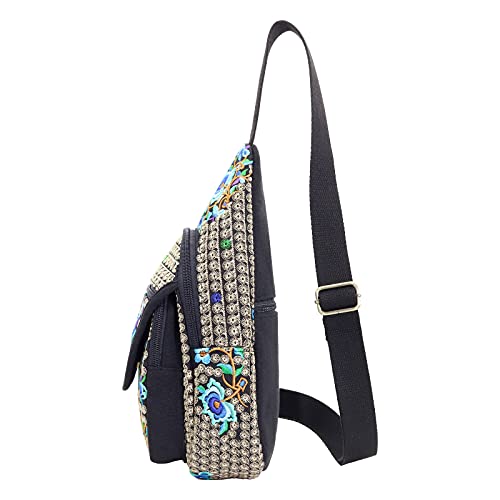 Image of SILKAREA Embroidered Boho Small Sling Bag for Women Travel Chest Bag Crossbody Backpack Purse Shoulder Bag (Blue)