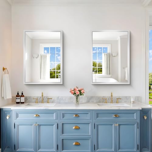 Image of Bathroom Mirror, 22 x 30 inch Brushed Silver Rectangular Mirror for Wall, 0.6 inch Thickened Deep Frame Mirrors for Bathroom Sink, Shatterproof Tempered Glass, Antirust, Horizontally or Vertically