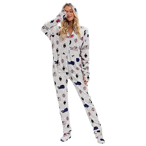 yiouyisheng Schlafanzug Onesie Damen mit Füßen Damen Warm Fleece Einteiler Kapuze Fuß Pyjama Erwachsene Onesie mit Kapuze für Winter Schlafoverall Kuscheliger Jumpsuit Damen Mit Füßen Cover