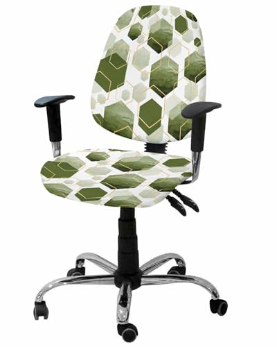 Sage Green Geometric 2 Pieces Computer Office Chair Covers Set,Stretchable Desk Rotating Chair Seat Cushion Slipcover Back Covers,Modern Abstract Gold Hexagon Slipcover Back Cover,Protectors Cover