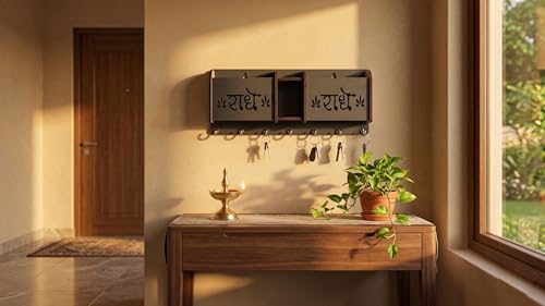 Image of Radhe Radhe Key Holder with 7 Hooks & 3 Compartments | Laser Cut Wall Mounted Mail Organizer, Key Stand & Mobile Holder for Home, Office, Entryway Decor (Matte Black, 22x9x4 cm) (Radhe Radhe)
