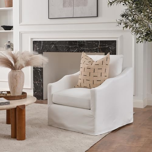 KINWELL 28" Wide Upholstered Down Fill Slipcovered Swivel Barrel Chair, Modern Comfy Swivel Accent Chair with Pillow Back for Living Room, Bedroom, Fully Assembled (Pearl White)
