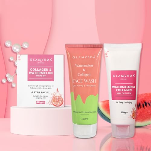 Image of Glamveda Watermelon 3 Step Skincare Routine | Face Wash, Facial Kit & Peel Off Mask | For Glowing Skin | Reduce Acne Scars, Fine Lines & Wrinkles | For Women & Men | All Skin Type
