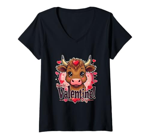 Mujer Divertido Howdy Valentine Highland Cow Día de San Valentín Amante de la vaca Camiseta Cuello V
