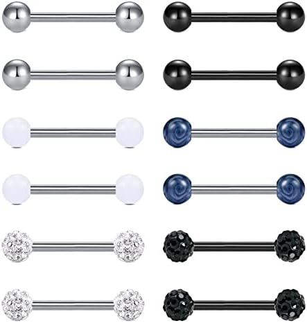 LAURITAMI 16pcs Tongue Bars 14G 12-18mm Straight Barbell Surgical Steel Tongue Nipple Ring Piercing Jewellery Women Men