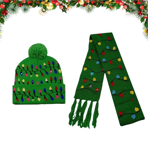 TSLBW 2 peças conjunto de gorro e cachecol de Natal, Natal Beanie gorro de malha LED cachecol, gorro e cachecol de Natal com luz, Unissexo LED de Natal de malha gorro cachecol para crianças presentes,