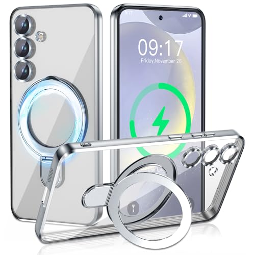 Image of Magnetic Stand & Full Camera Lens Protector Case for Samsung Galaxy S24 [Compatible with MagSafe][Military Drop Protective] Not Yellowing Clear Slim Soft S24 Phone Case for Women Men,Silver