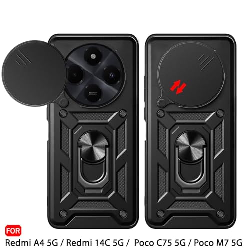 Image of Luxe Back Cover for Poco M7 5G / Redmi 14C 5G / Redmi A4 5G / Poco C75 5G | D10 Tough Armor Case | Sliding Camera Shield | 360 Protection | Kickstand Ring Holder | Military-Grade Shockproof