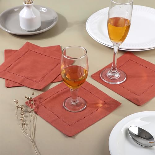 Image of Fingercraft Cotton Cocktail Napkins 6x6 Inches - Set of 12 Reusable Cloth Beverage Coasters with Elegant Ladder Hemstitch - Perfect for Parties, Bars & Home Use (Rust Slub)