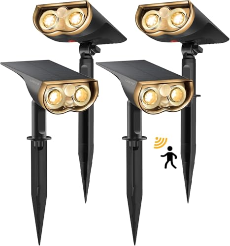 Linkind Lampe Solaire Extérieur avec Détecteur de Mouvement 1000Lm, 3000K Blanc Chaud, 3 Modes (y Compris Éclairage Continu), Spot Solaire d'Allée, StarRay IP67 Solaire LED Projecteur de Jardin, 4PCS