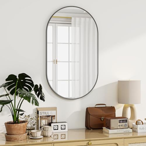 Koonmi Oval Badspiegel Schwarz, 56 x 96 cm Oval Wandspiegel aus gehärtetem Glas, Eitelkeitsspiegel ohne Verzerrung, horizontal oder vertikal hängend für Schlafzimmer, Eingangsbereich, Wohnzimmer Koonmi Oval Badspiegel Schwarz, 56 x 96 cm Oval Wandspiegel aus gehärtetem Glas, Eitelkeitsspiegel ohne Verzerrung, horizontal oder vertikal hängend für Schlafzimmer, Eingangsbereich, Wohnzimmer