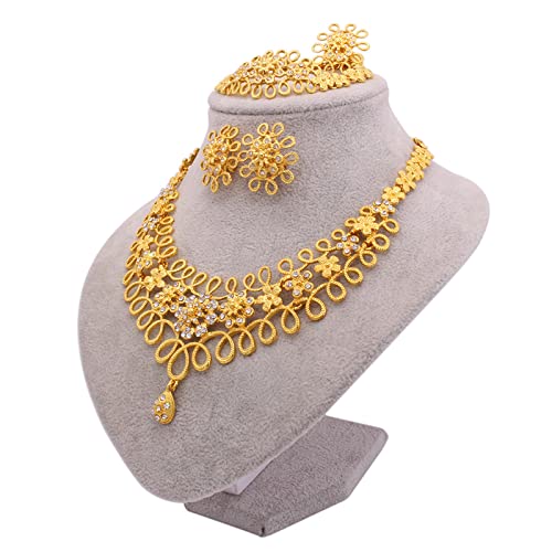Dubai 24K Gold Plated Jewelry Sets African Wedding Engagement Gifts Party 4 Pieces Necklace Set Includes Necklace Bracelet Ring Earrings #TOP2