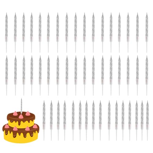 50 Piezas de Velas y Velas de Tarta de Cumpleaños Metálicas Oro Doradas, Vela en Espiral con Soporte para Decoración de Torta de Fiesta (Silver)