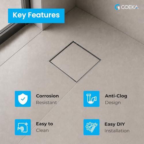 Image of GOEKA 6 inch x 6 inch Full SS 304 Tile & Marble Insert Floor Drain | Reverse Plate with Cockroach Trap | Square Drain Cover | Rust-Proof, Anti-Clog | Heavy-Duty Bathroom, Kitchen, Terrace & Balcony Drain