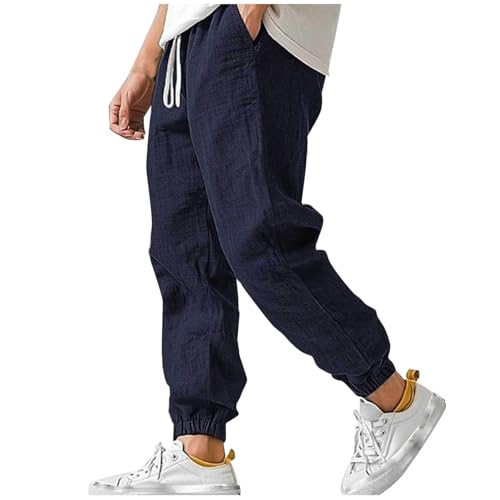 Finelylove Mens Cotton Linen Pants Casual Elastic Waist Drawstring Yoga Joggers Summer Vacation Beach Pants Tapered Trousers