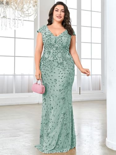 Image of Plus Size Womens Sequined Long Evening Gown Glamous Sleeveless V-Neck Mermaid Prom Dress for Wedding Party