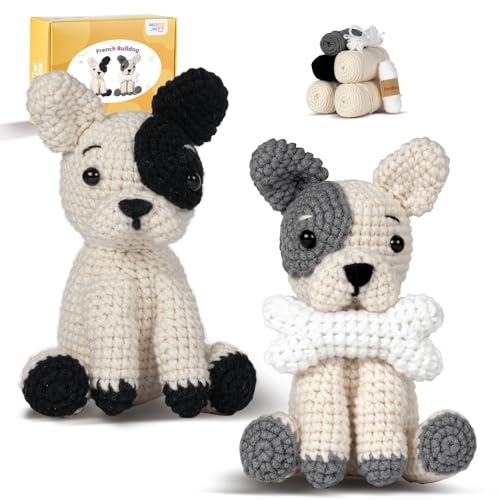 Image of MOREJMTT Crochet Kit for Beginners Animal,Crochet Animal Kits,Crocheting Kit for Starters,Learn to Crochet with Step-by-Step Video Tutorials,Beginner Crochet Kits for Adults(2 Pack French Bulldog)