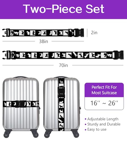 Image of Luggage Straps for Suitcases Travel Belt Luggage Band with Lock Heavy Duty Traveling Luggage Identifier Black and White Cat Cute Women Girls Unique Accesory Personalized