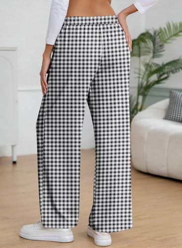 EVALESS Gingham Pants for Women 2026 Comfy High Waist Wide Leg Lounge Pants Spring Summer Patched Y2K Casual Trousers Lightweight PJ Bottoms with Pockets Black XX-Large — view 3