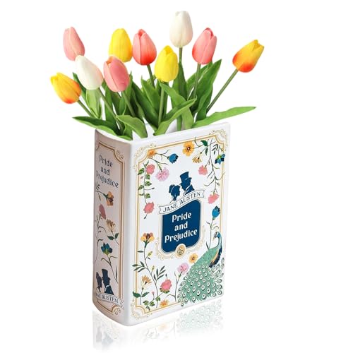 RNPKZ Ceramic Book Vase for Flower, Small Book Shaped Decorative Vase, Aesthetic Book Flower Vase, Vintage Unique Book Shaped Vase for Bookshelf Dcor Room Home Book Lovers Gifts (Pride and Prejudice)